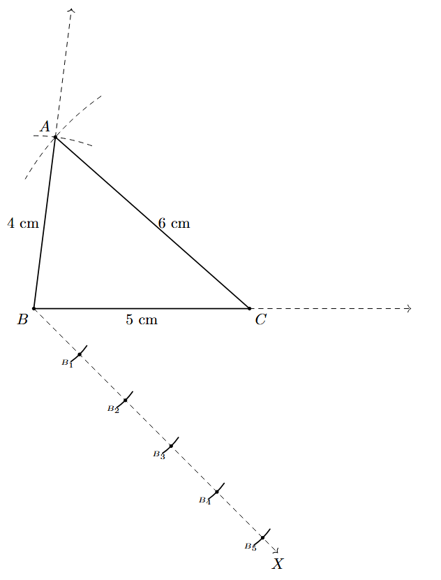 Step 3: Five equally spaced points are marked on ray BX.